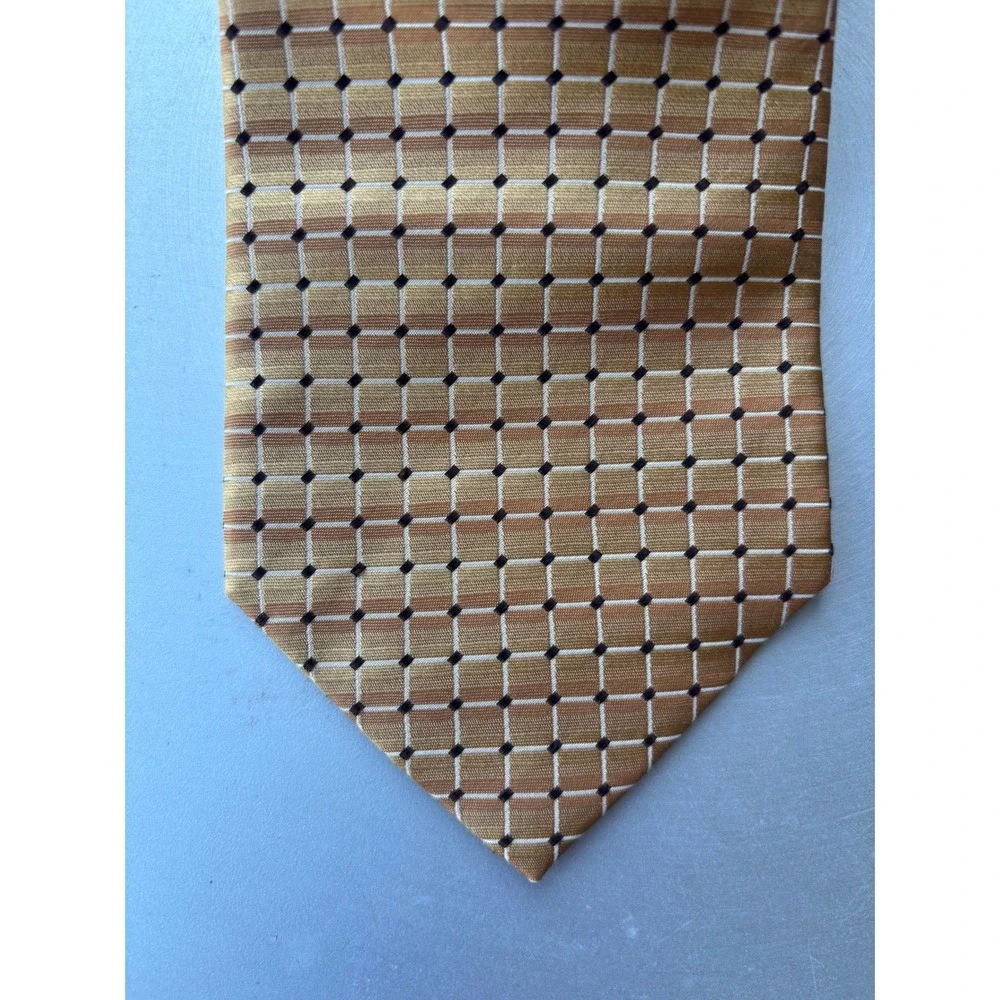 Van Heusen Mens Gold Tan Geometric Grid Silk Necktie Stain Resistant Classic Tie
